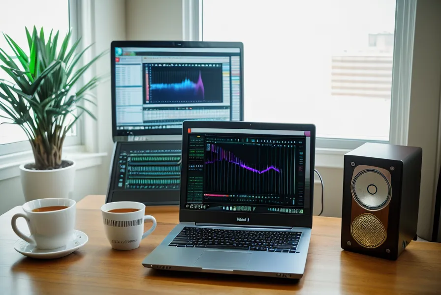Pantalla de laptop mostrando curvas de ecualización para mezcla de audio de piano.