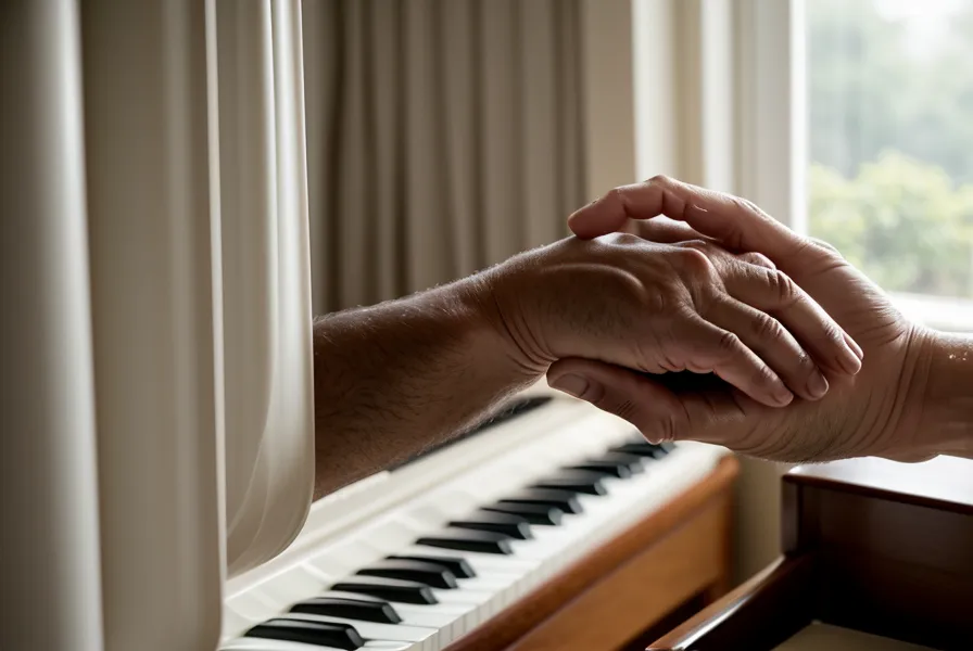 Manos de un hombre adulto sobre las teclas de un piano digital con luz matinal.