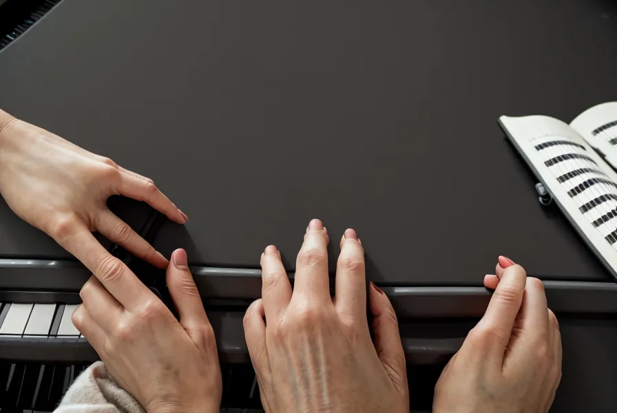 Primer plano de manos de adulto tocando las teclas de un piano digital negro.