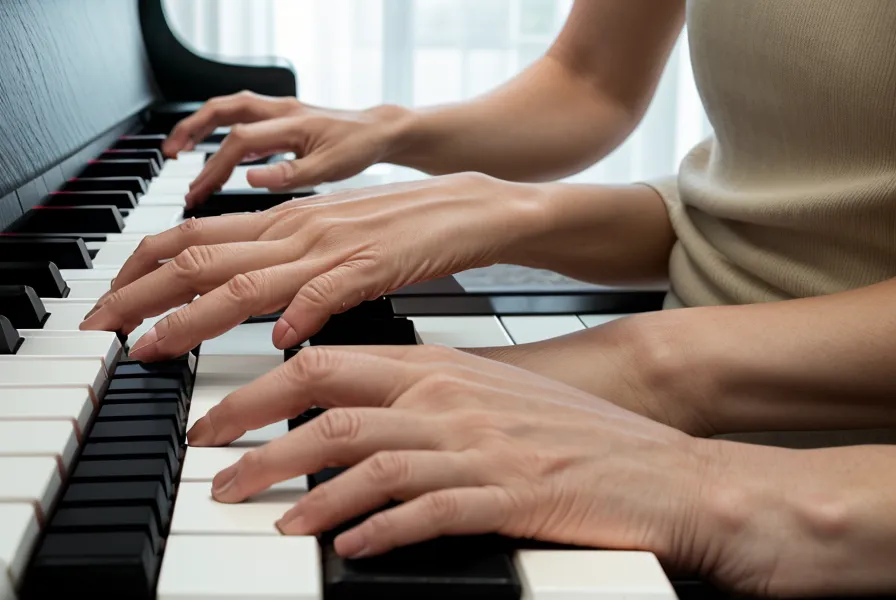 Primer plano de manos adultas ejecutando un acorde tríada en un teclado digital.