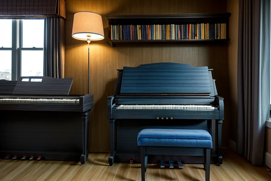 Rincón de práctica de piano en un departamento de Concepción durante una noche lluviosa.