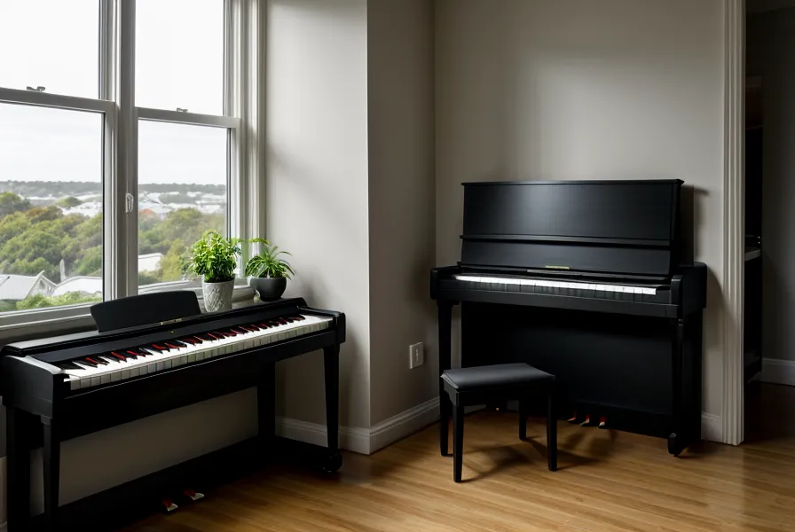 Vista del teclado digital desde el asiento del pianista en un rincón silencioso preparado para practicar piano sin molestar.