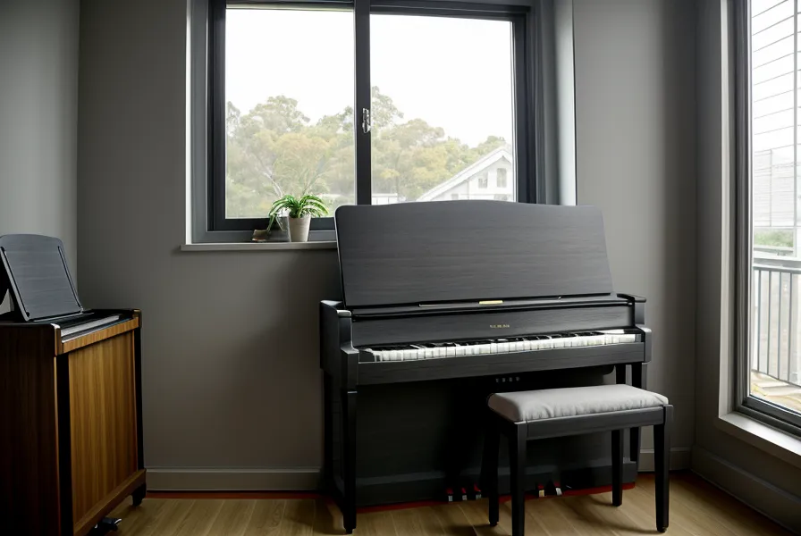 Taza de café junto a un piano digital durante una sesión de práctica de este hobby de piano para adultos.