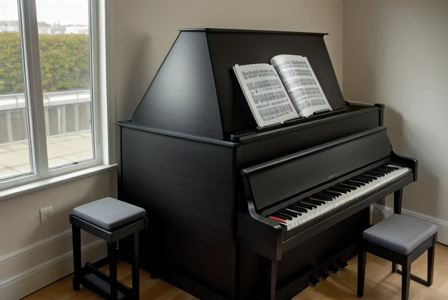 Cable USB enrollado junto al soporte del Yamaha P-45 en un rincón de práctica de piano para adultos