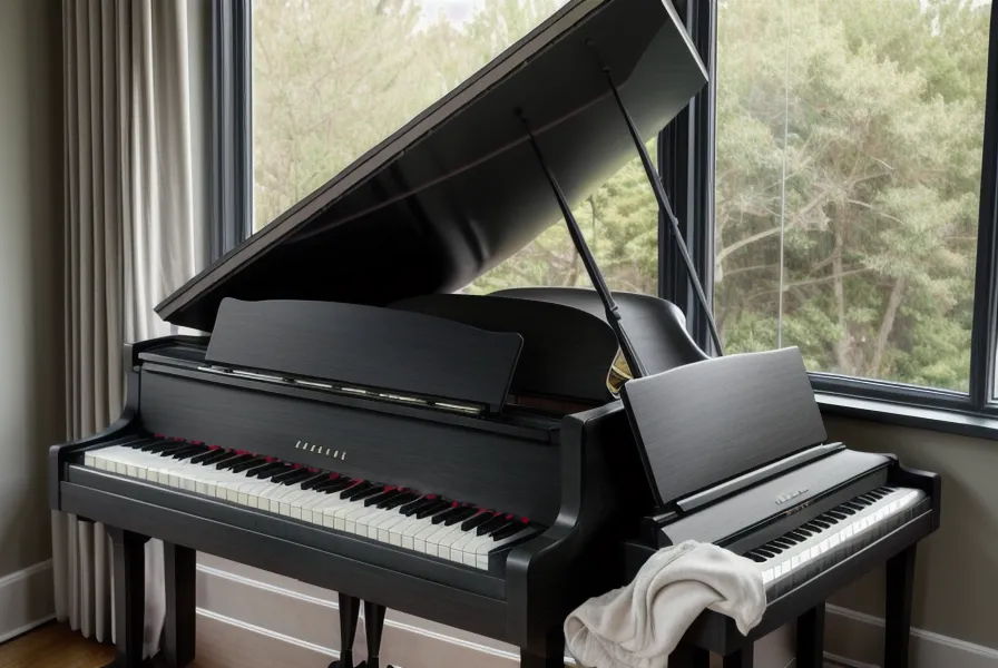 Lámpara de clip en el atril del piano digital, iluminación para practicar en un departamento pequeño
