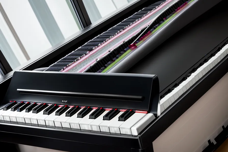 iPad mostrando aplicación de aprendizaje sobre el atril del Yamaha P-45