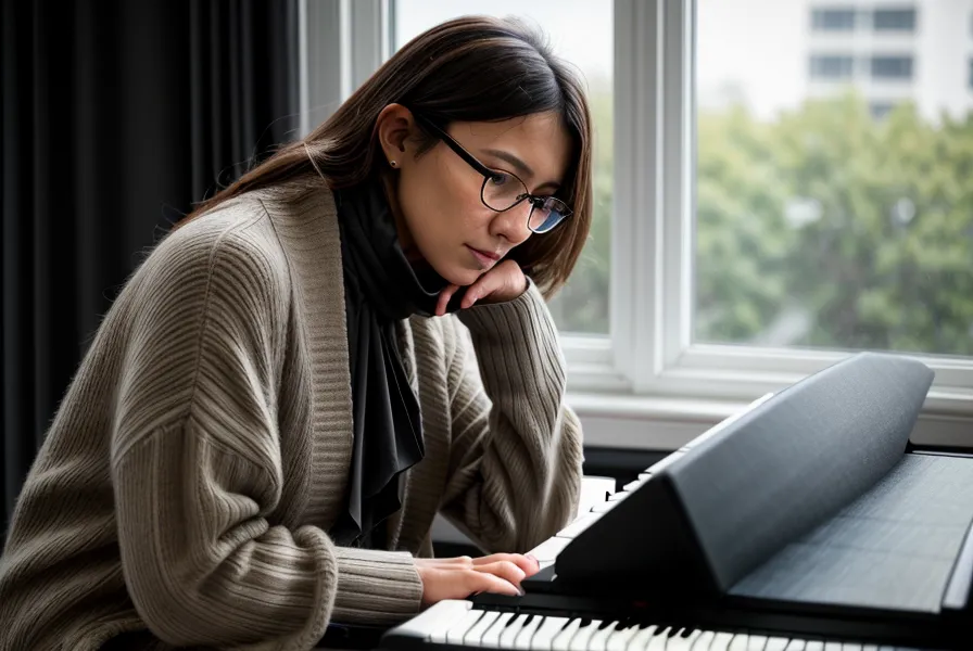Smartphone en trípode grabando piano digital en ángulo cenital para contenido de redes sociales