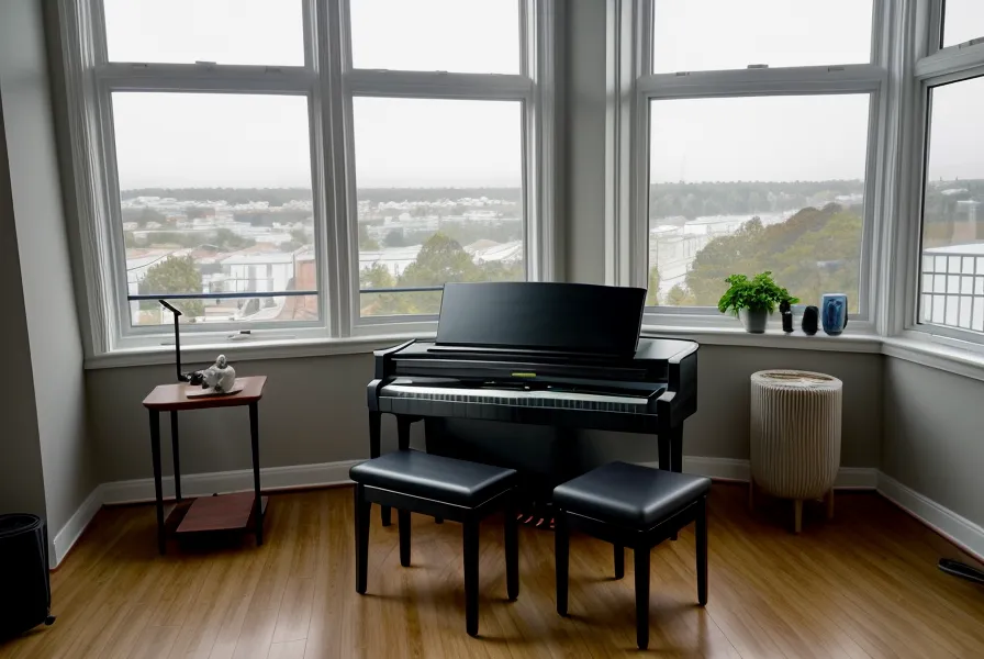 Lámpara de escritorio iluminando un piano digital durante una grabación casera