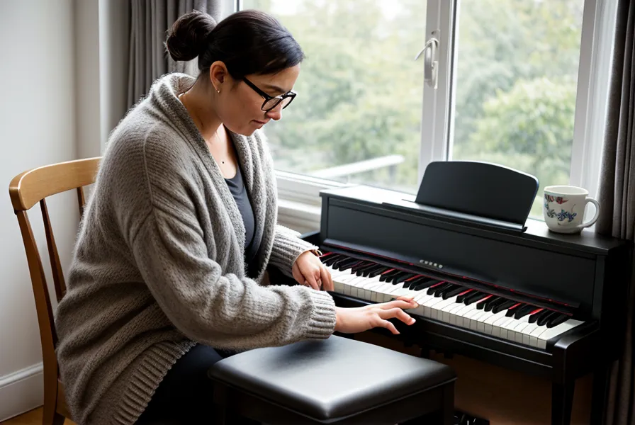 Metrónomo junto al piano digital durante una práctica nocturna de piano para adultos en Concepción