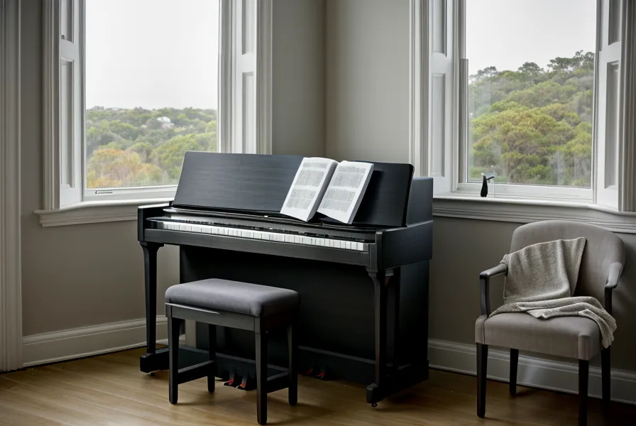 Tablet con un curso de piano para adultos sobre el atril de un Yamaha P-45