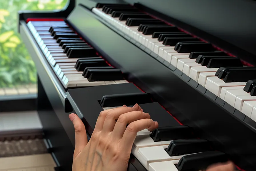 Primer plano de teclado de piano digital con un smartphone mostrando un ebook de música.
