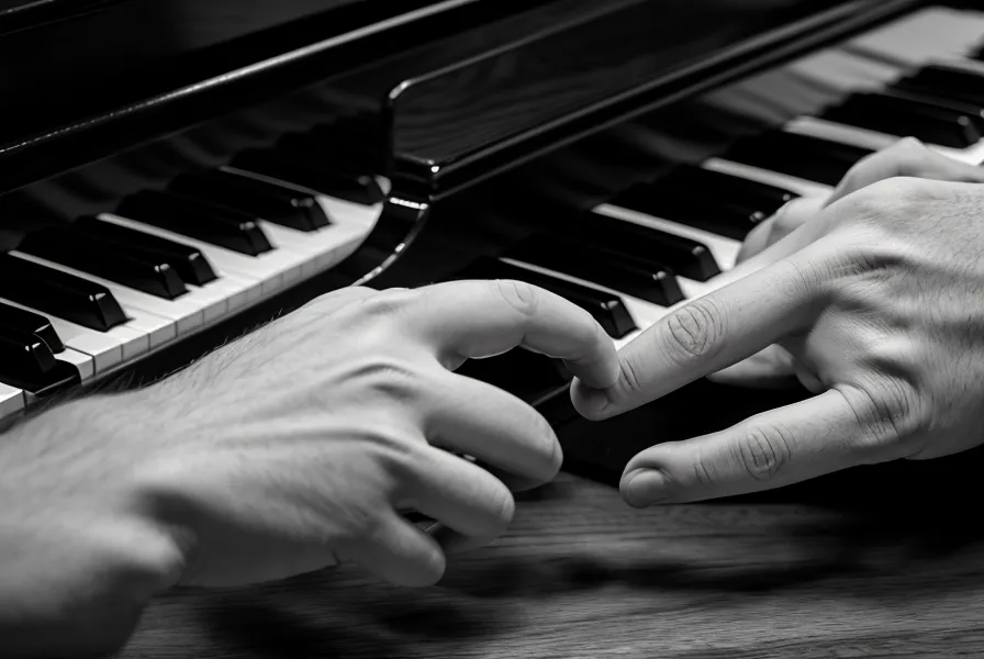 Detalle de una mano de hombre practicando en un piano digital bajo luz de lámpara.