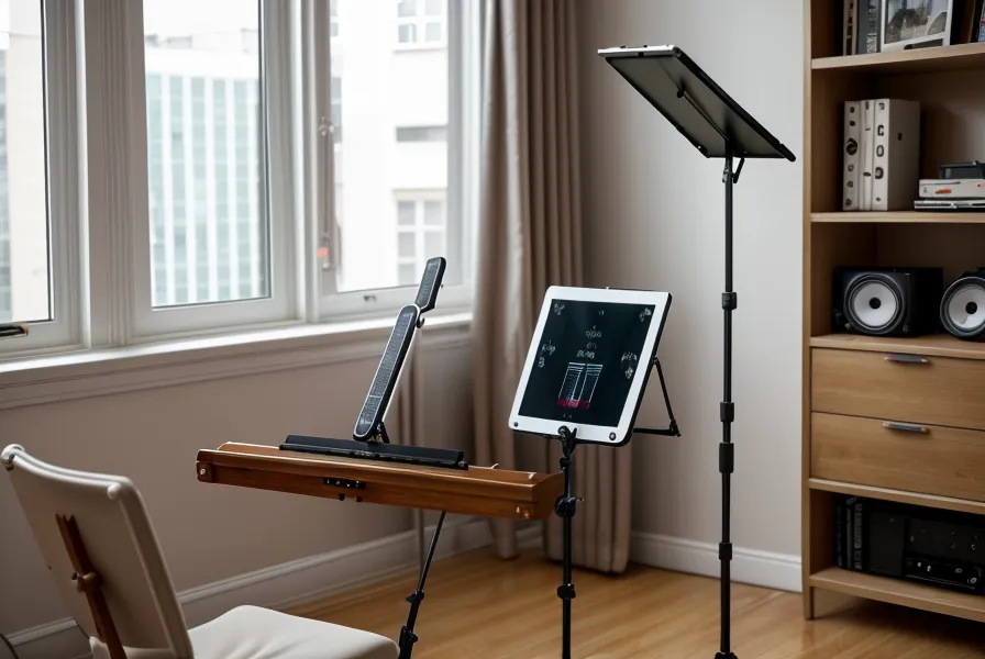 Tablet mostrando lecciones de piano con cifrado americano en un atril de música.