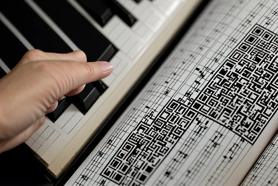 Dedo señalando un código QR en un libro de piano junto al teclado.