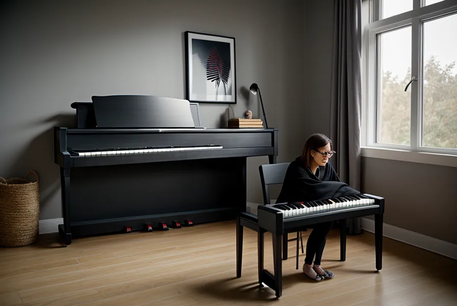 Primer plano de un metrónomo digital marcando 60 BPM sobre un piano Yamaha