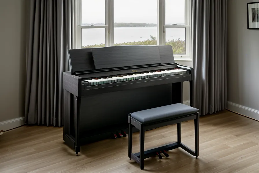 Metrónomo digital pequeño con luz LED junto al soporte plegable de un piano Yamaha P-45