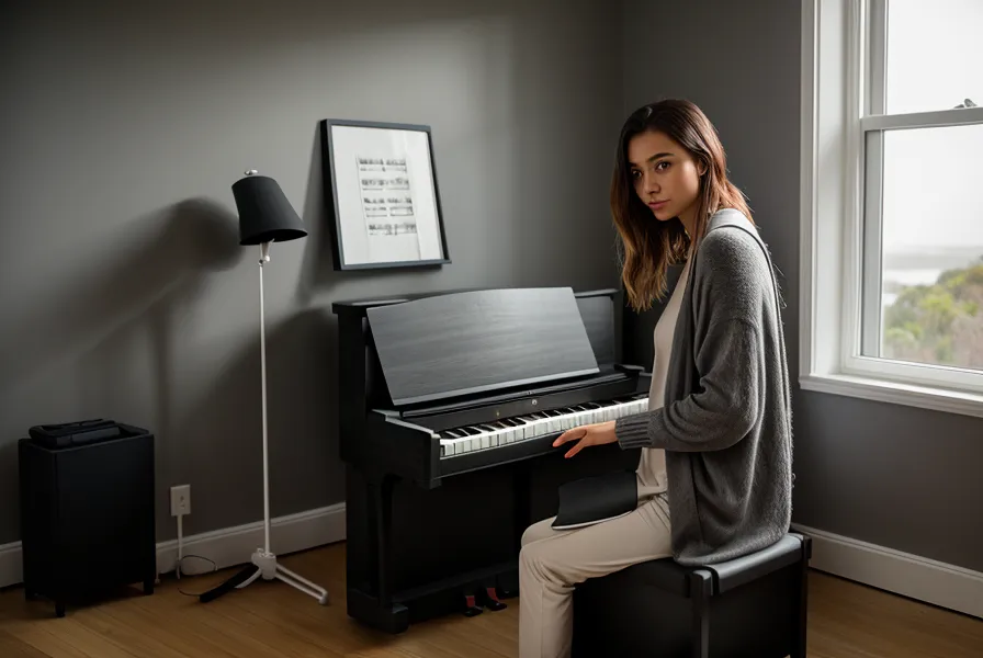 Rincón de práctica de piano en casa con el pedal de sustain correctamente ubicado.