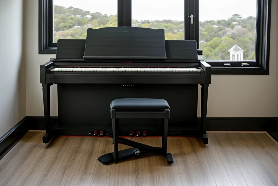 Piano en casa sobre soporte estable, clave para la ergonomía del Yamaha P-45 en espacio reducido