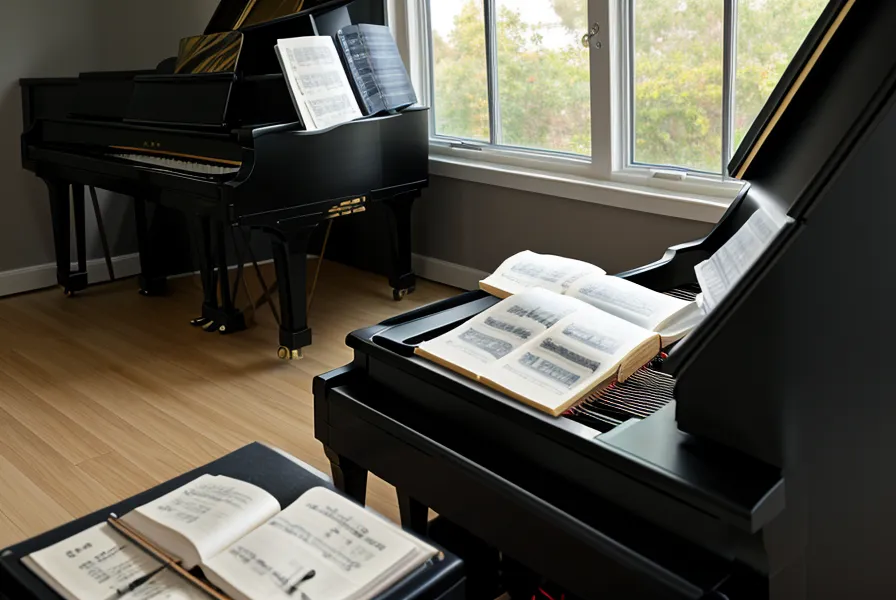Tablet con partitura en PDF sobre el atril, método de estudio autodidacta para piano en adultos ocupados
