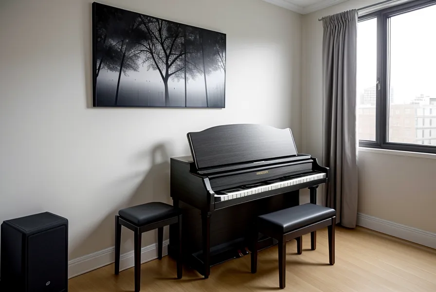 Audífonos sobre un piano digital frente a la pantalla de edición, primer paso hacia un pequeño home studio para principiantes