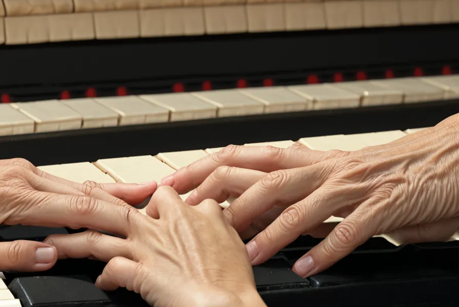 Manos de adulto practicando acordes en un piano digital Yamaha