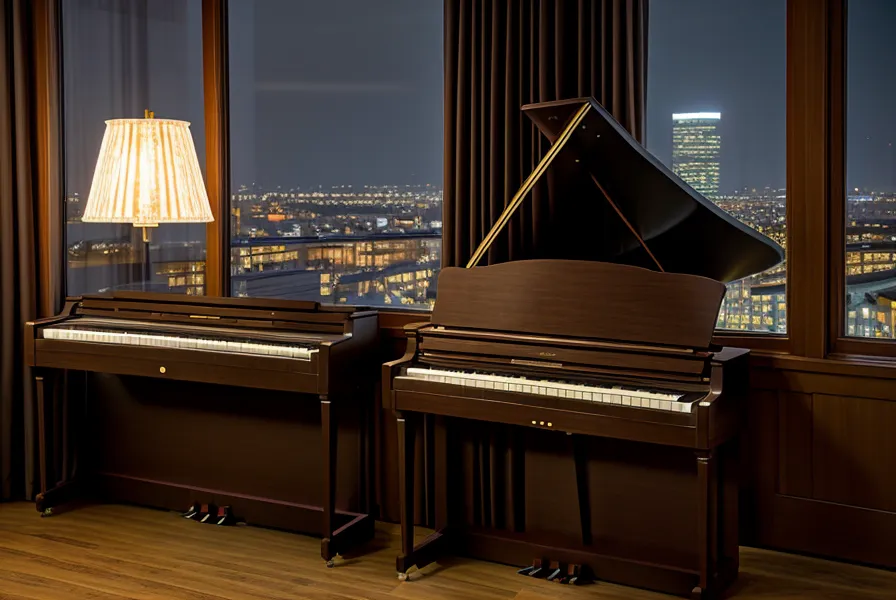 Estudio de piano nocturno con luz de lámpara y material impreso