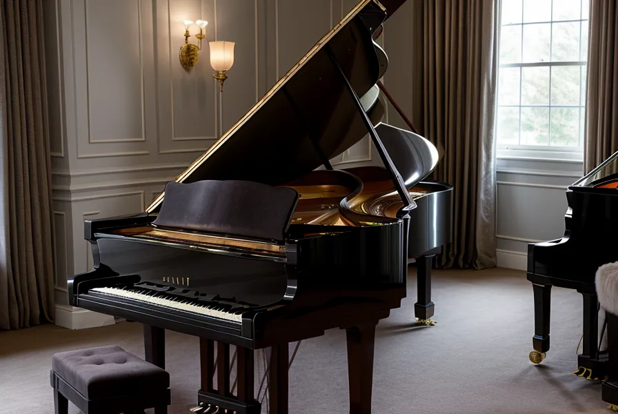 Rincón de práctica de piano iluminado por una lámpara de noche