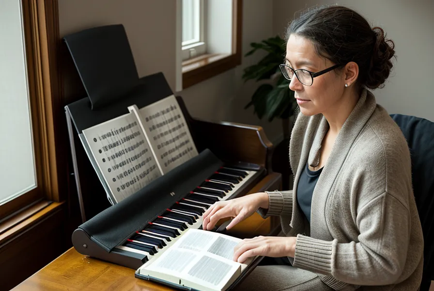 Manos de un adulto practicando en un piano digital como parte de un curso de piano online