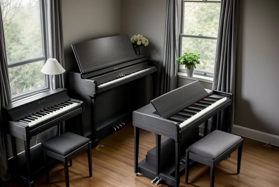 Manos sobre el teclado del Yamaha P-45 junto al laptop con un curso de piano abierto