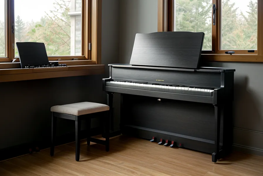 Primer plano de manos de adulto practicando acordes en un piano digital con un curso online.