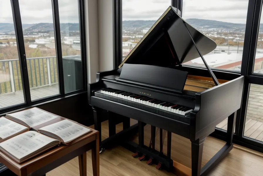 Independencia de manos en piano para adultos: teclado Yamaha P-45 con partitura de la reseña de Toca Piano Desde Cero.